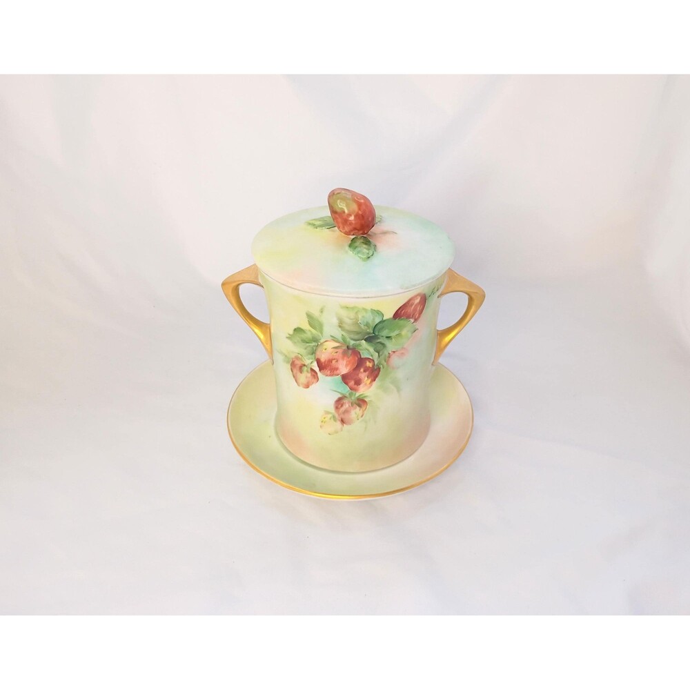 Vintage Hand Painted Strawberry Condiment Jar with Saucer